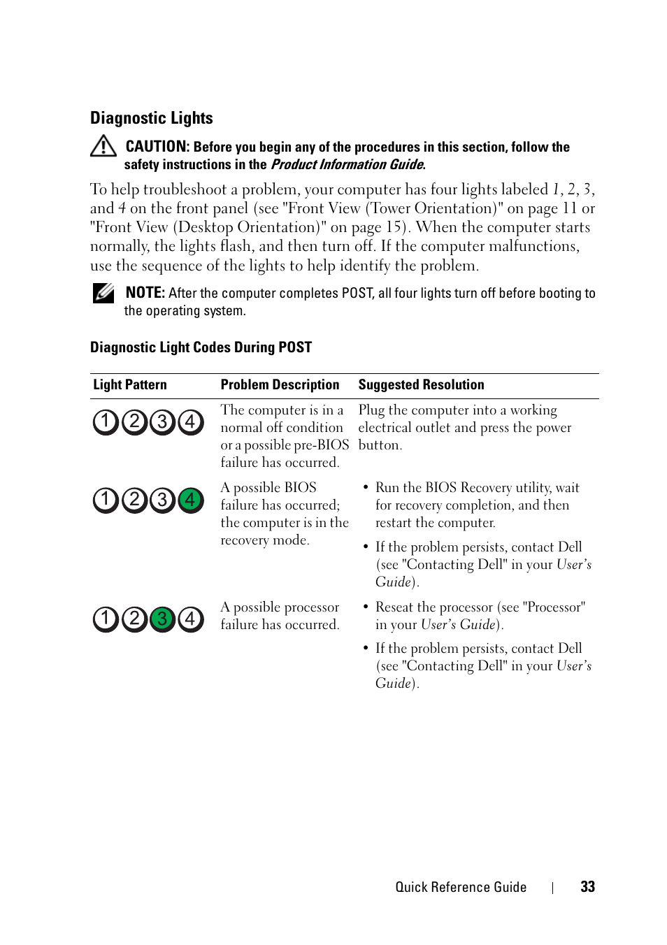 Diagnostic lights | Dell Precision T3400 (Late 2007) User Manual | Page 33 / 276