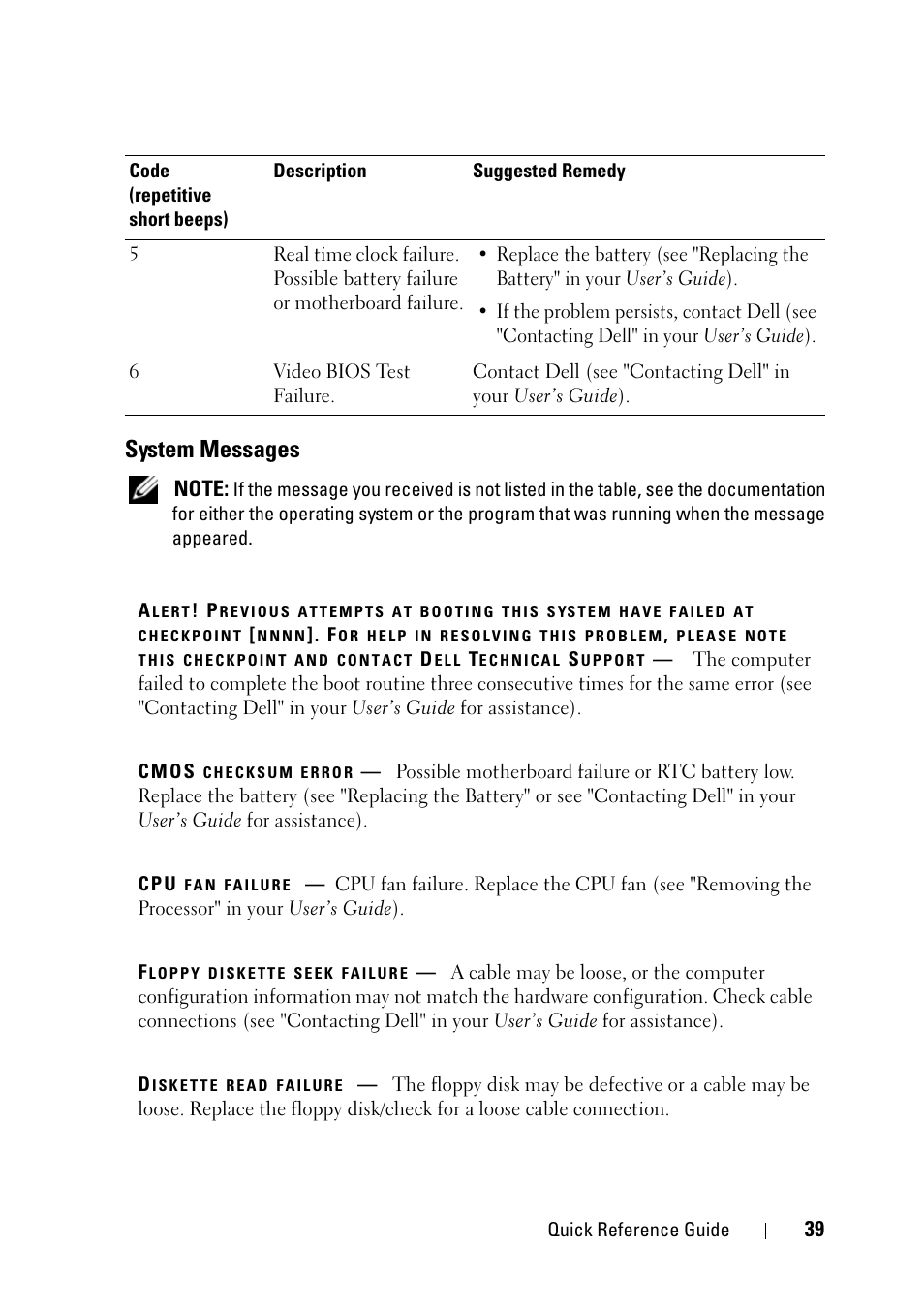System messages | Dell Precision T3400 (Late 2007) User Manual | Page 39 / 276
