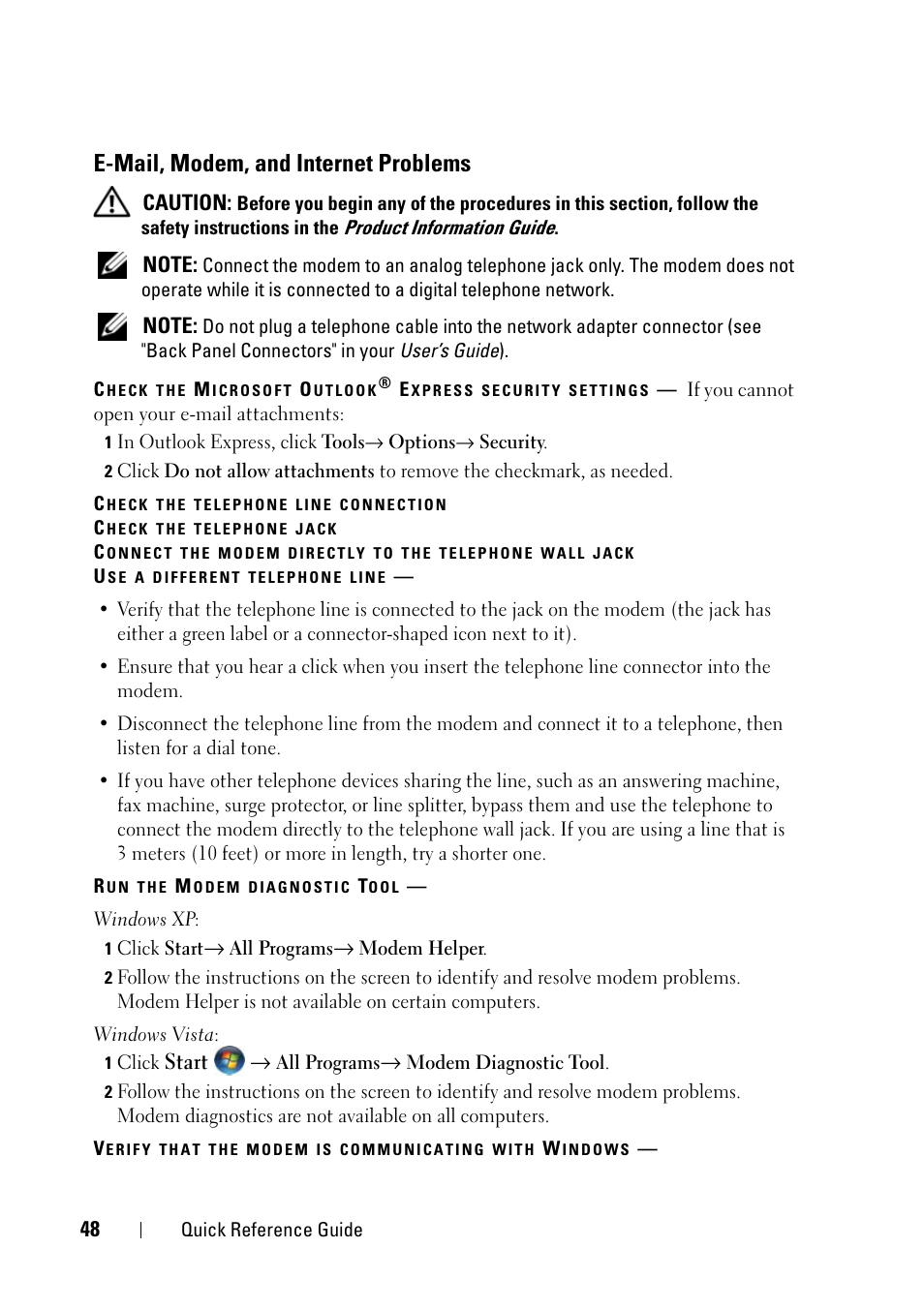 E-mail, modem, and internet problems | Dell Precision T3400 (Late 2007) User Manual | Page 48 / 276
