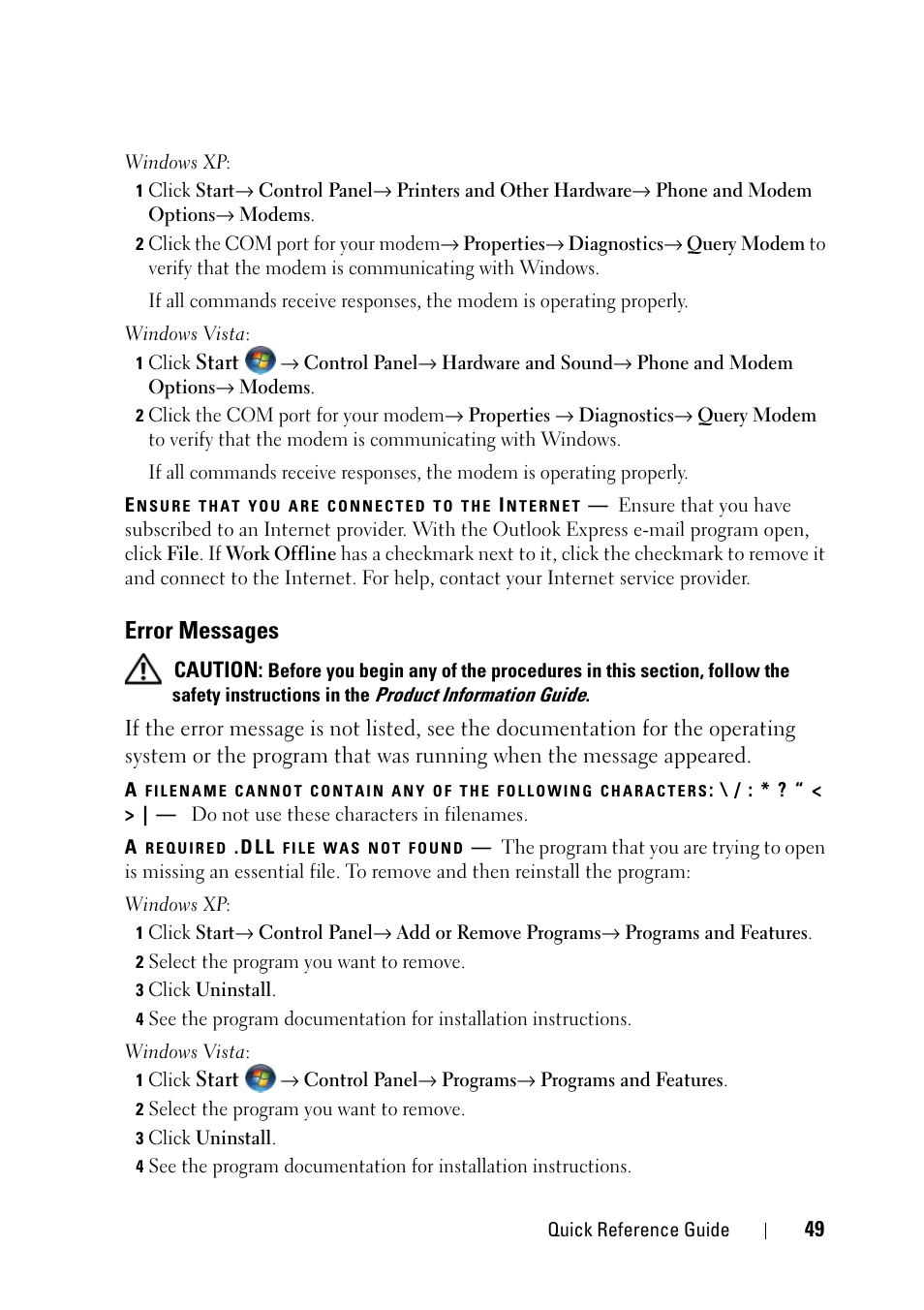 Error messages | Dell Precision T3400 (Late 2007) User Manual | Page 49 / 276