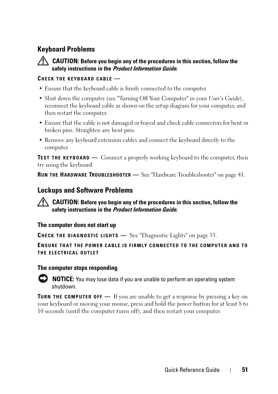 Keyboard problems, Lockups and software problems | Dell Precision T3400 (Late 2007) User Manual | Page 51 / 276