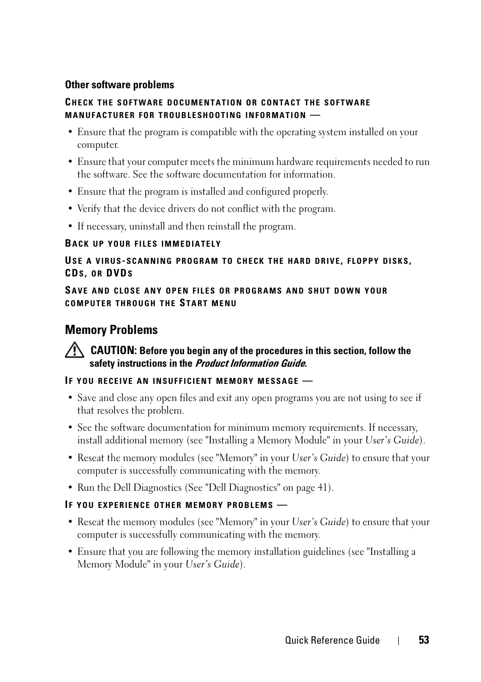 Memory problems, Caution | Dell Precision T3400 (Late 2007) User Manual | Page 53 / 276