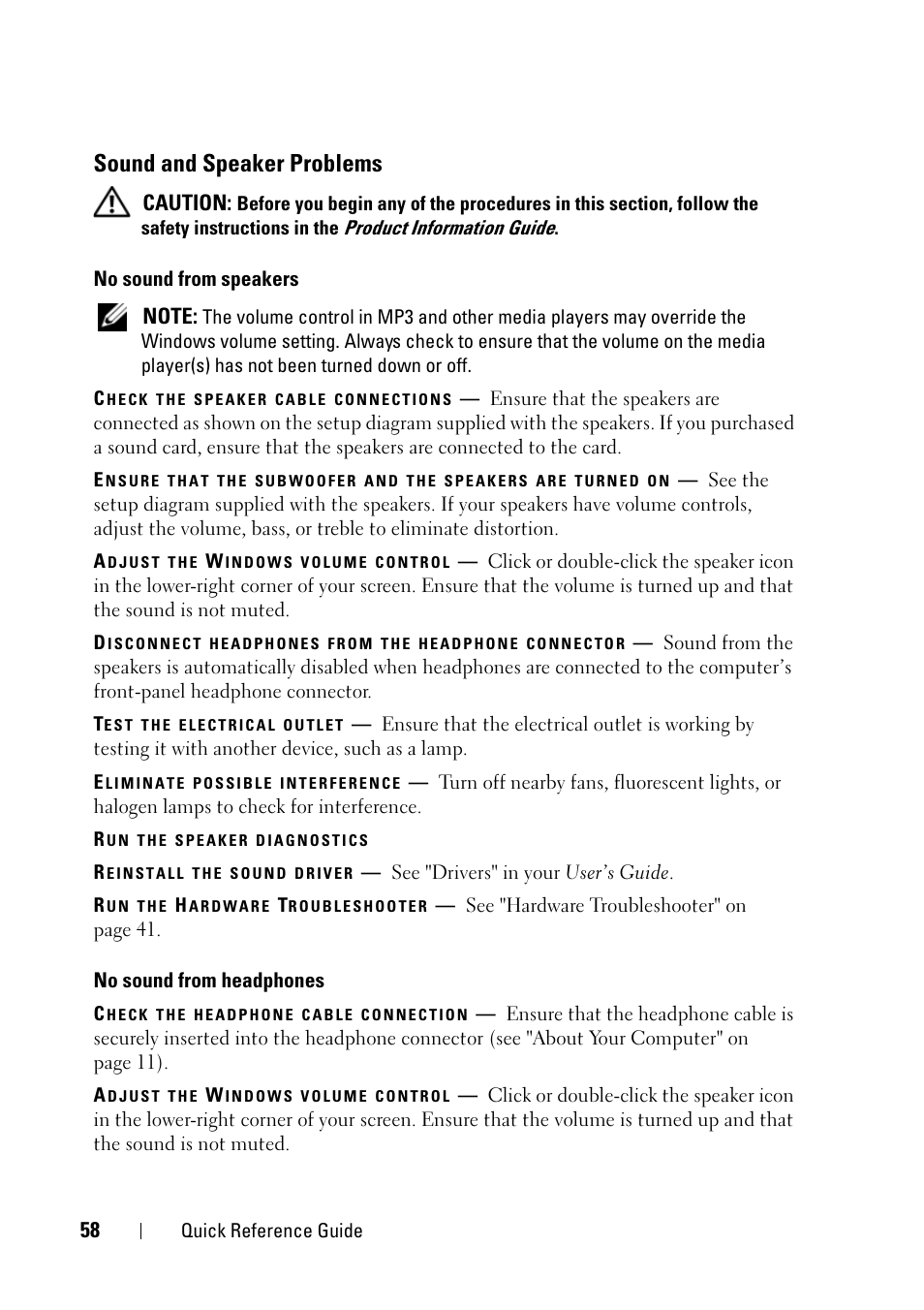 Sound and speaker problems | Dell Precision T3400 (Late 2007) User Manual | Page 58 / 276