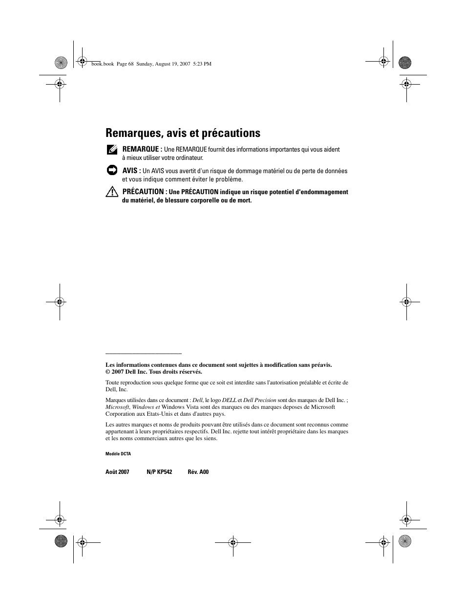 Remarques, avis et précautions | Dell Precision T3400 (Late 2007) User Manual | Page 68 / 276