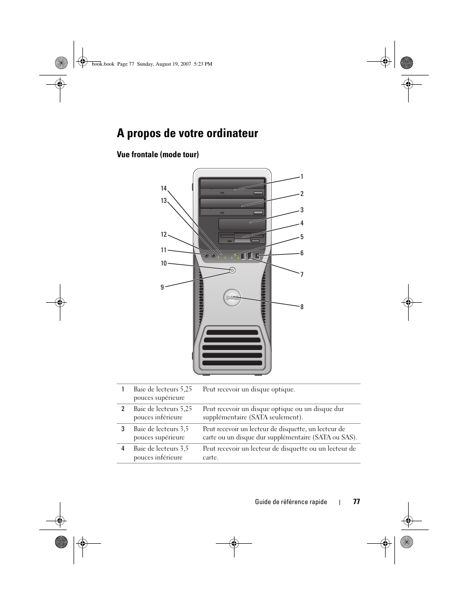 A propos de votre ordinateur, Vue frontale (mode tour) | Dell Precision T3400 (Late 2007) User Manual | Page 77 / 276