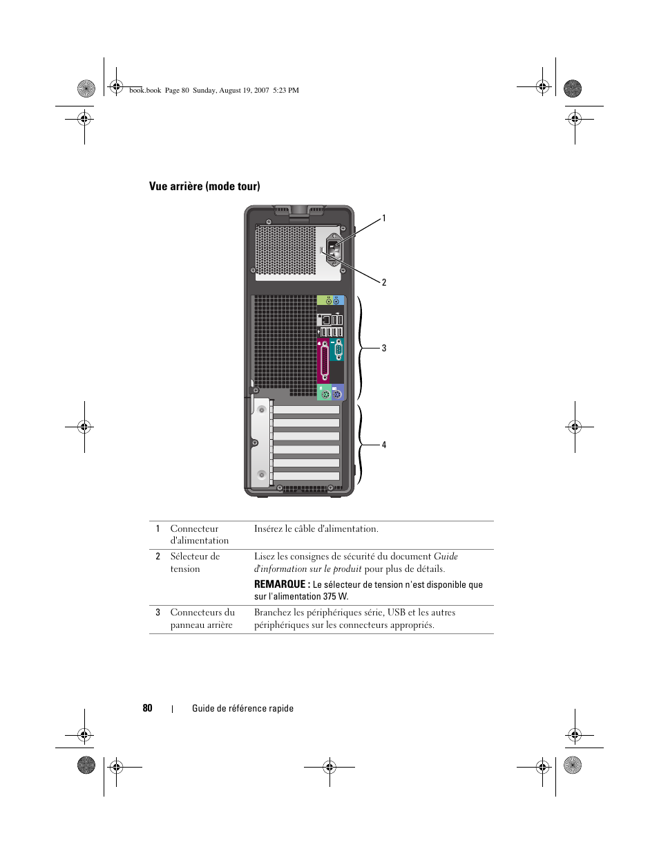 Vue arrière (mode tour) | Dell Precision T3400 (Late 2007) User Manual | Page 80 / 276