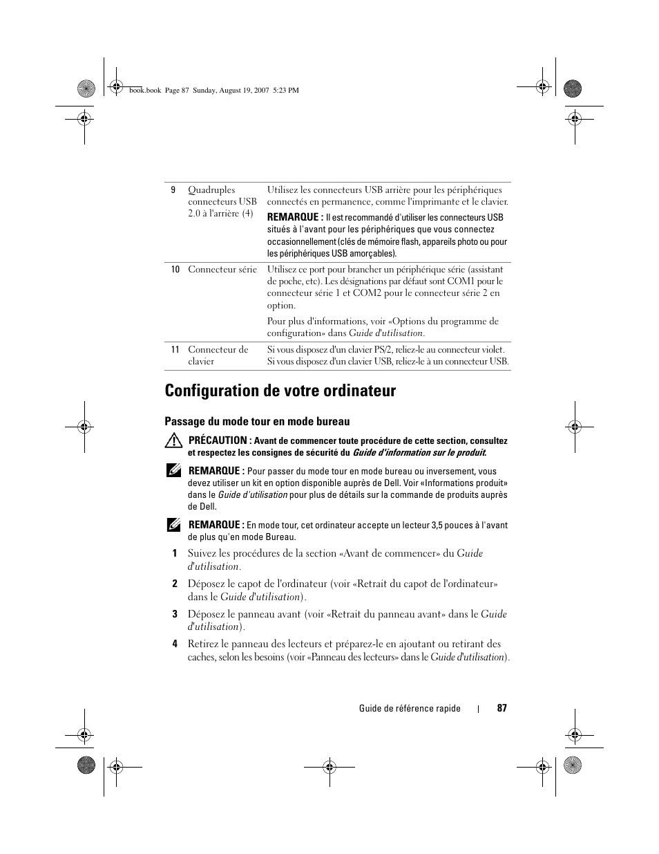 Configuration de votre ordinateur, Passage du mode tour en mode bureau | Dell Precision T3400 (Late 2007) User Manual | Page 87 / 276