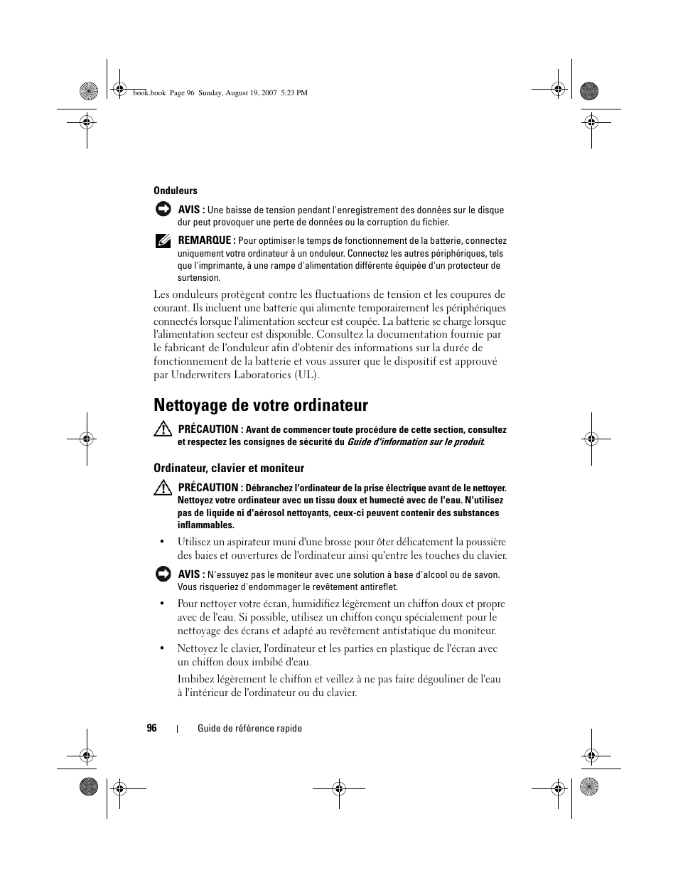 Nettoyage de votre ordinateur, Ordinateur, clavier et moniteur | Dell Precision T3400 (Late 2007) User Manual | Page 96 / 276