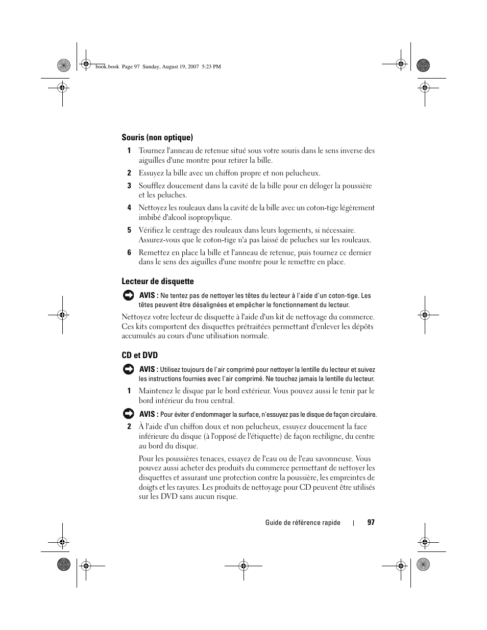 Souris (non optique), Lecteur de disquette, Cd et dvd | Dell Precision T3400 (Late 2007) User Manual | Page 97 / 276