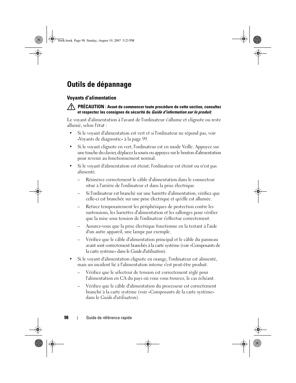 Outils de dépannage, Voyants d'alimentation | Dell Precision T3400 (Late 2007) User Manual | Page 98 / 276