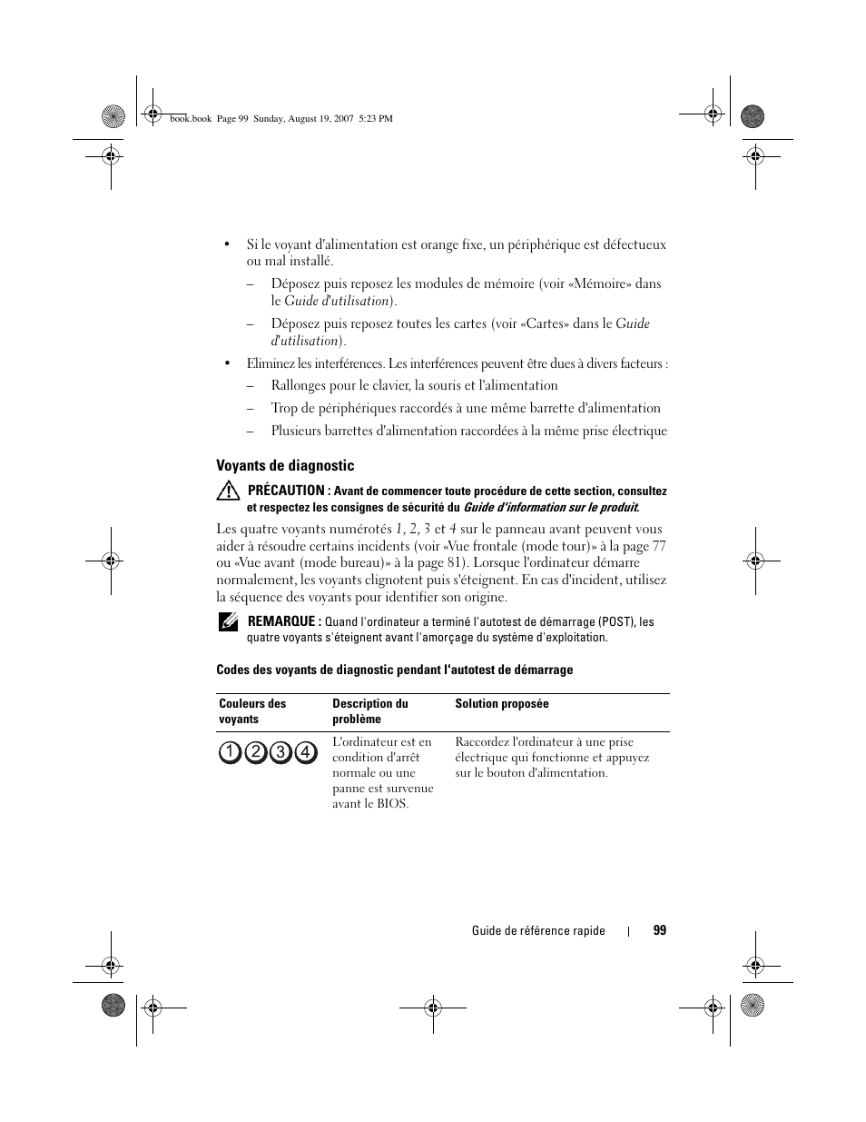 Voyants de diagnostic | Dell Precision T3400 (Late 2007) User Manual | Page 99 / 276