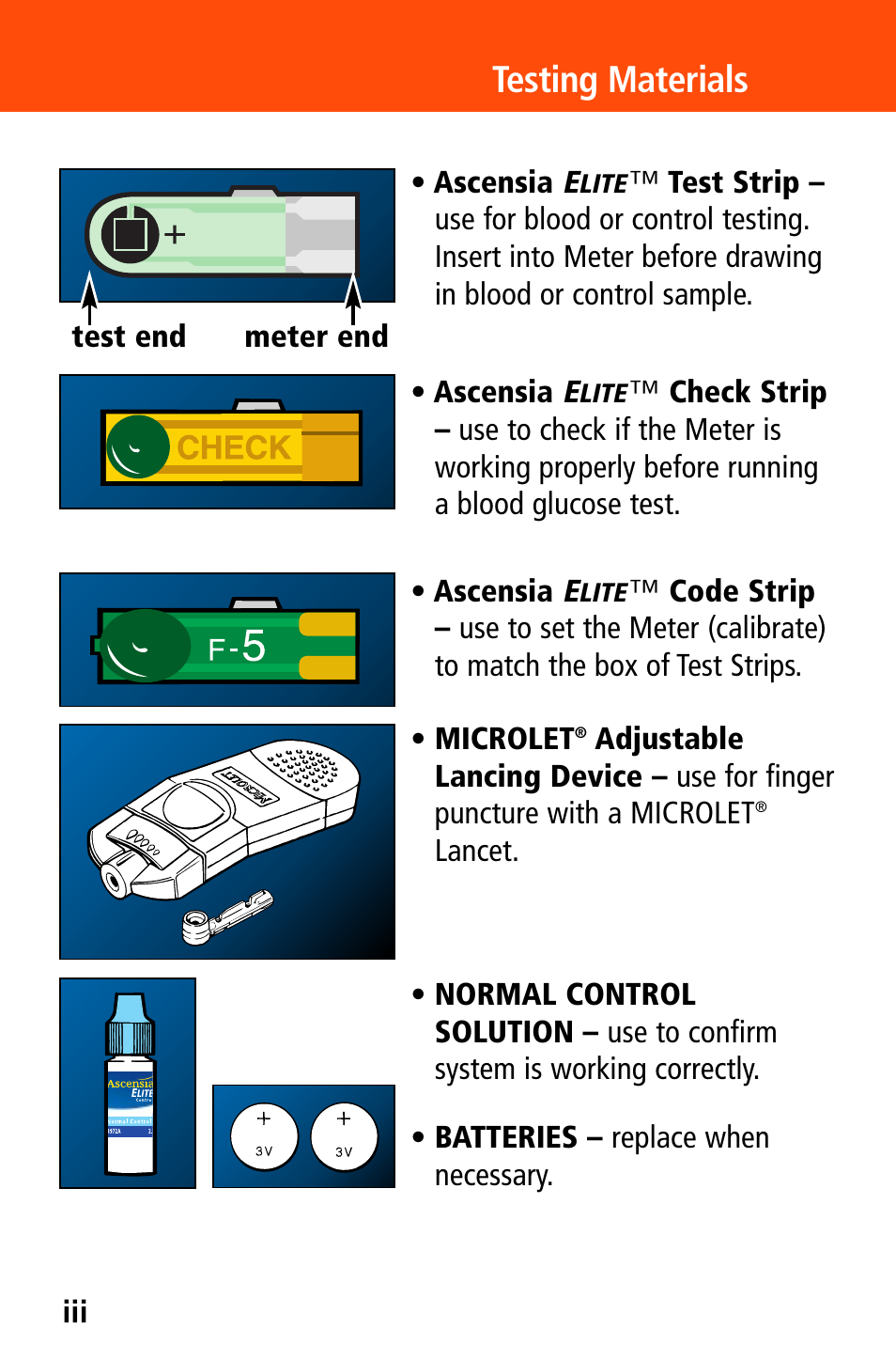 Testing materials | Bayer HealthCare Ascensia Elite XL User Manual | Page 3 / 36