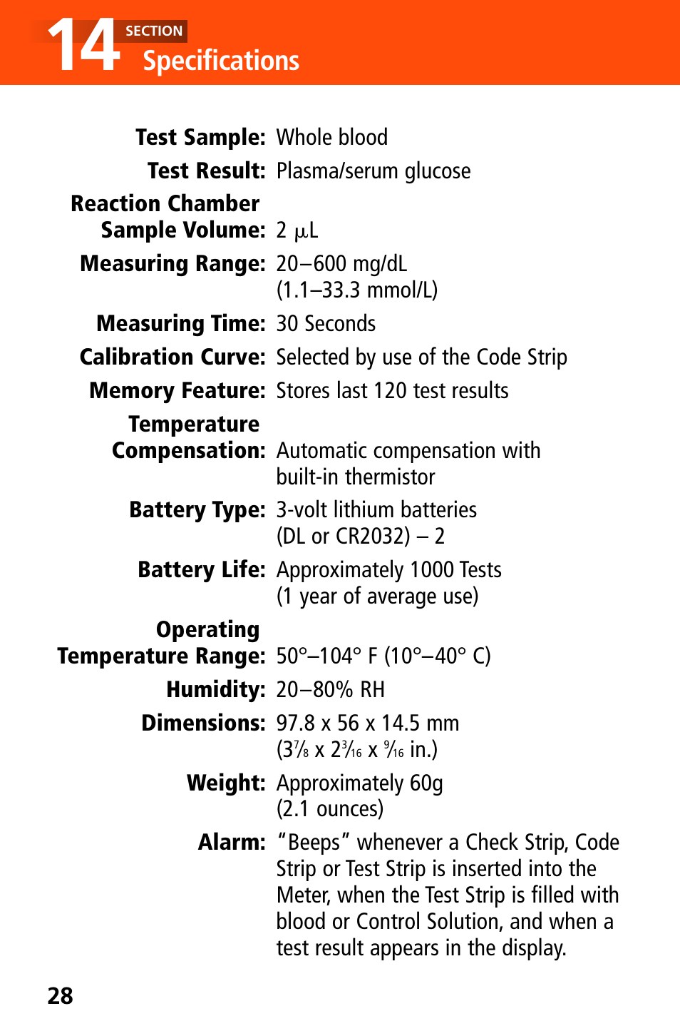 Specifications | Bayer HealthCare Ascensia Elite XL User Manual | Page 32 / 36