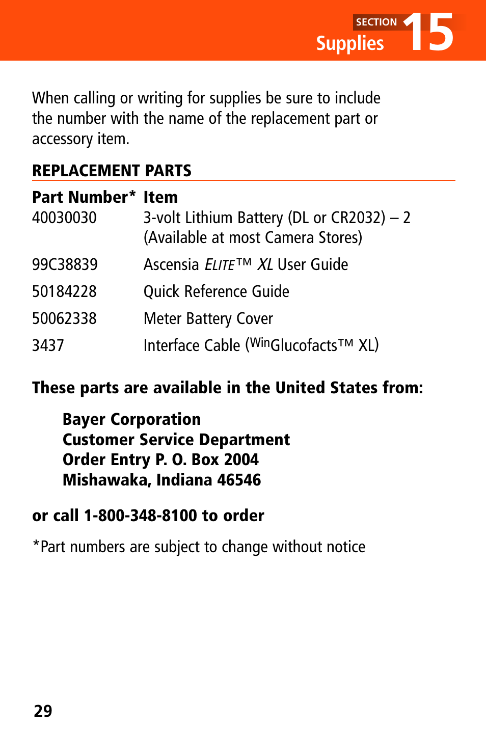 Supplies | Bayer HealthCare Ascensia Elite XL User Manual | Page 33 / 36