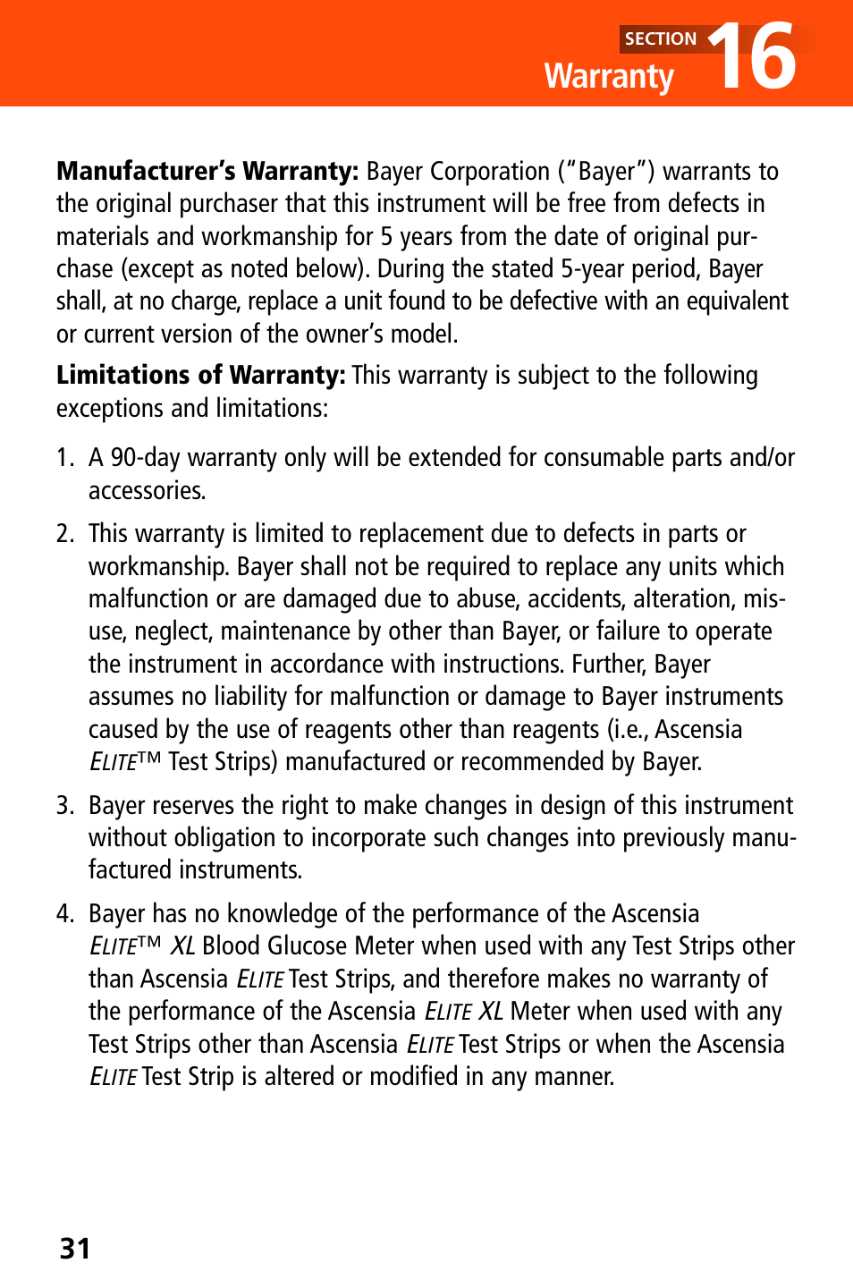 Warranty | Bayer HealthCare Ascensia Elite XL User Manual | Page 35 / 36