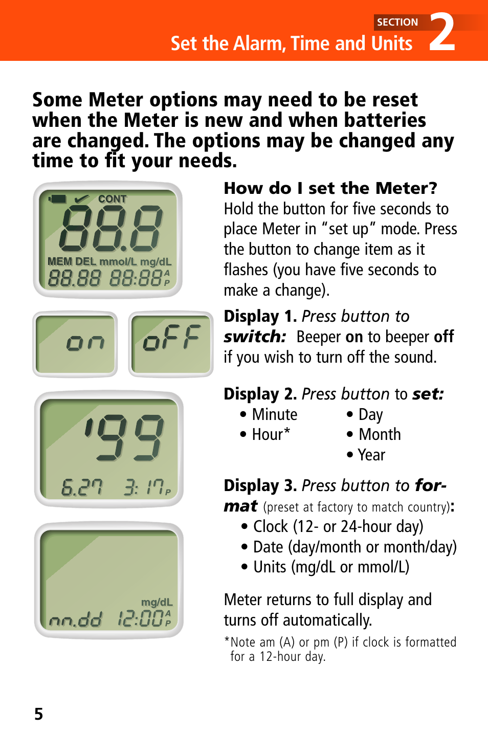 Set the alarm, time and units | Bayer HealthCare Ascensia Elite XL User Manual | Page 9 / 36