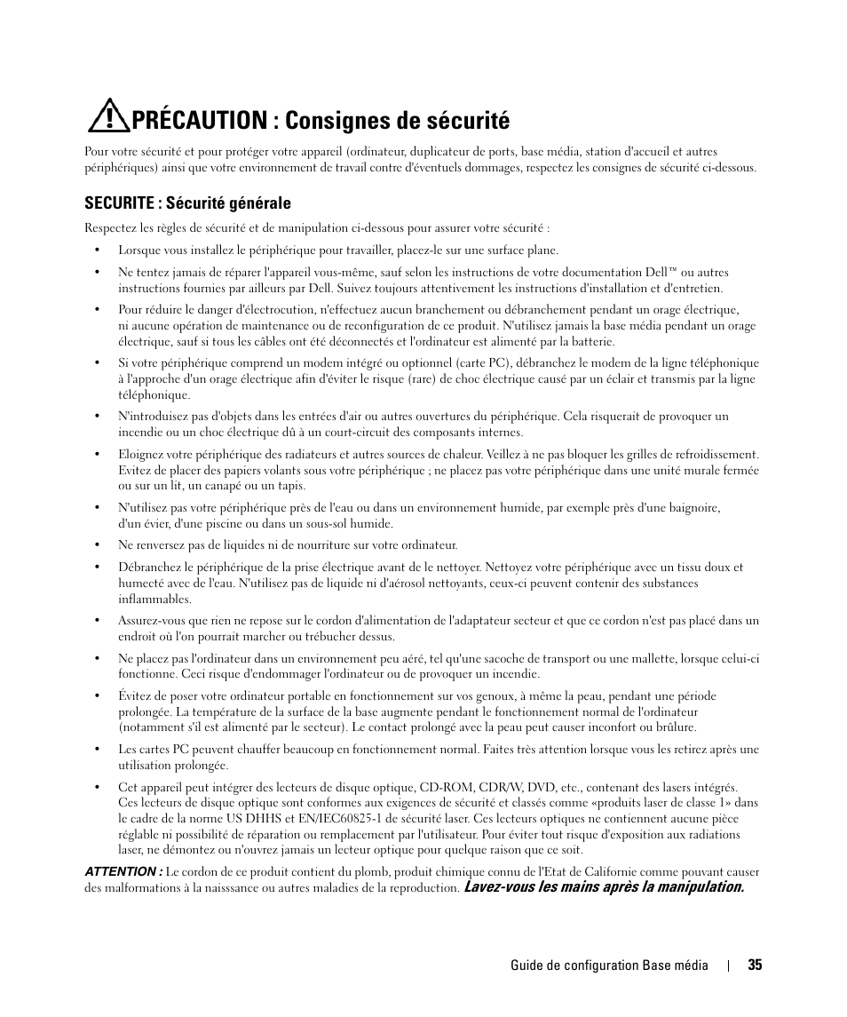 Précaution : consignes de sécurité, Securite : sécurité générale | Dell Latitude D430 (Mid 2007) User Manual | Page 37 / 98