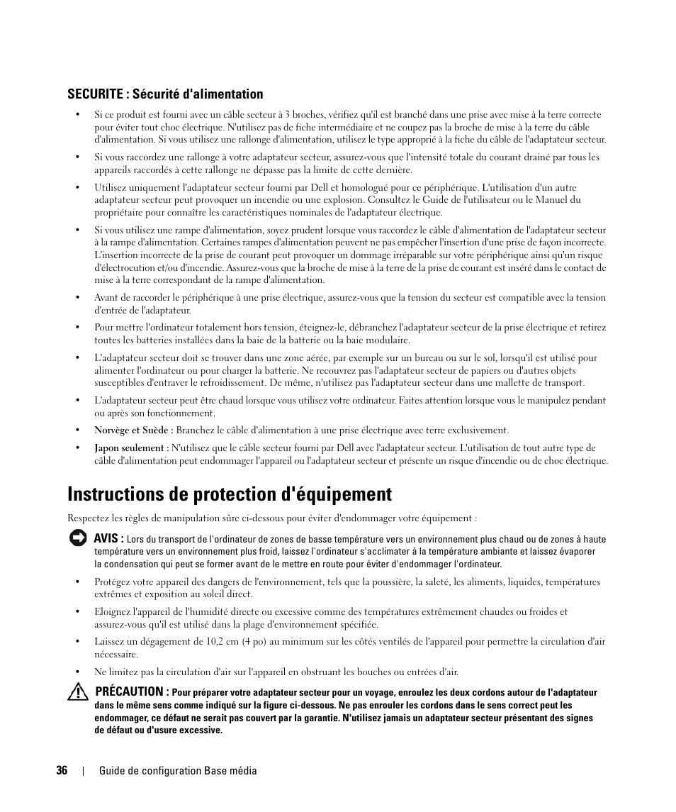 Securite : sécurité d'alimentation, Instructions de protection d'équipement | Dell Latitude D430 (Mid 2007) User Manual | Page 38 / 98