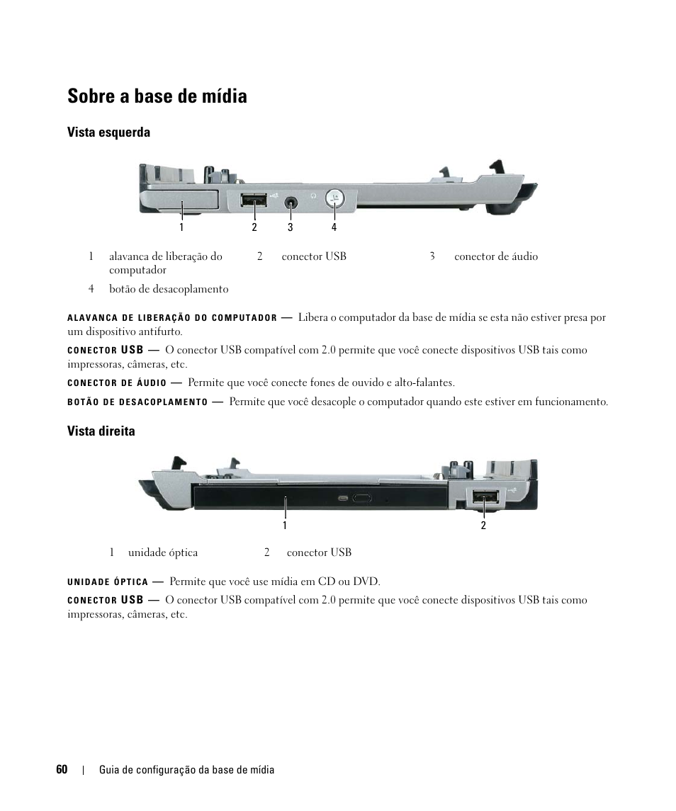 Sobre a base de mídia, Vista esquerda, Vista direita | Dell Latitude D430 (Mid 2007) User Manual | Page 62 / 98
