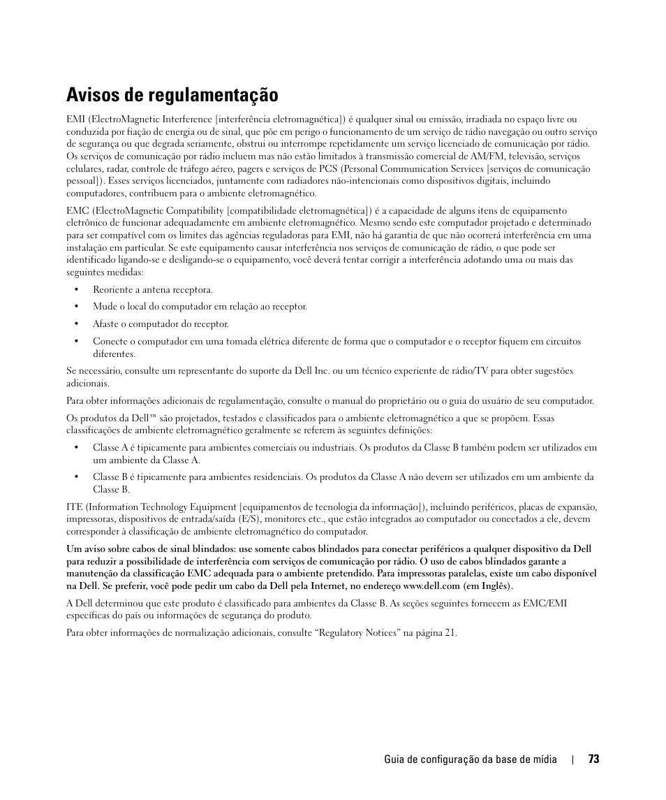 Avisos de regulamentação | Dell Latitude D430 (Mid 2007) User Manual | Page 75 / 98