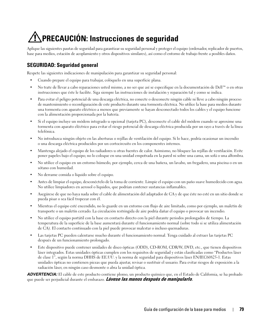Precaución: instrucciones de seguridad, Seguridad: seguridad general | Dell Latitude D430 (Mid 2007) User Manual | Page 81 / 98