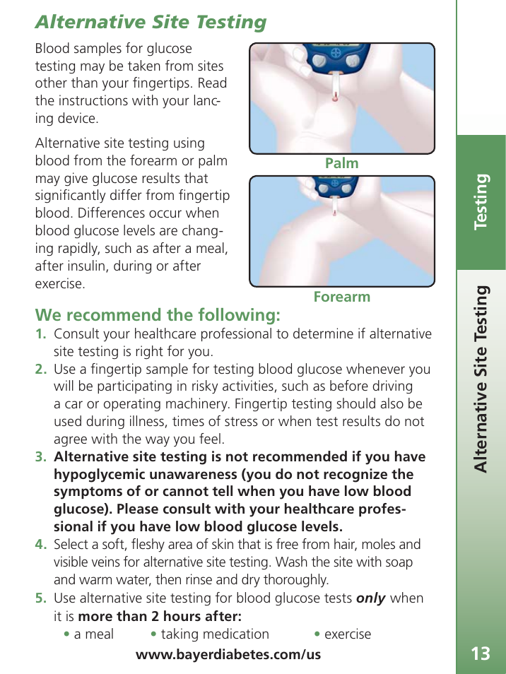 Alternative site testing, Te sting, We recommend the following | Alter native site t esting | Bayer Contour-TS User Manual | Page 15 / 35