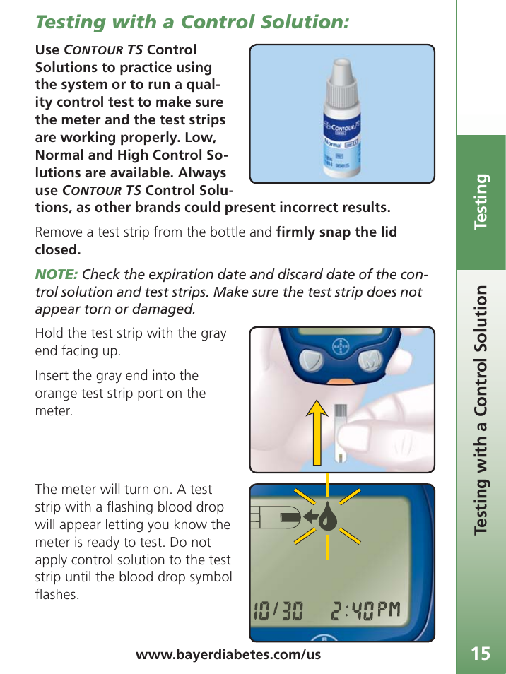 Testing with a control solution, Te sting, Te sting with a contr ol solution | Bayer Contour-TS User Manual | Page 17 / 35
