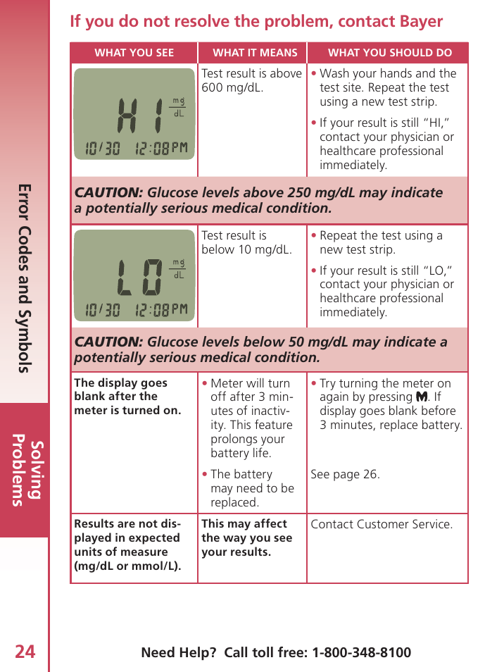 Solving pr oblems, Err or codes and symbols, If you do not resolve the problem, contact bayer | Bayer Contour-TS User Manual | Page 26 / 35