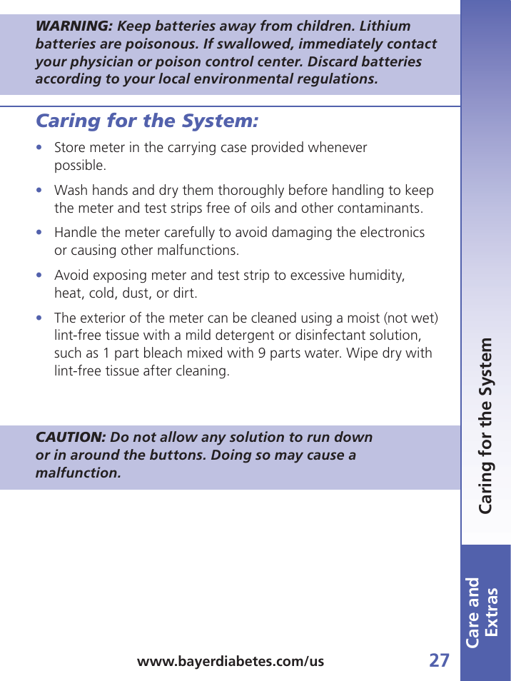 Car e and extras, Caring for the system | Bayer Contour-TS User Manual | Page 29 / 35