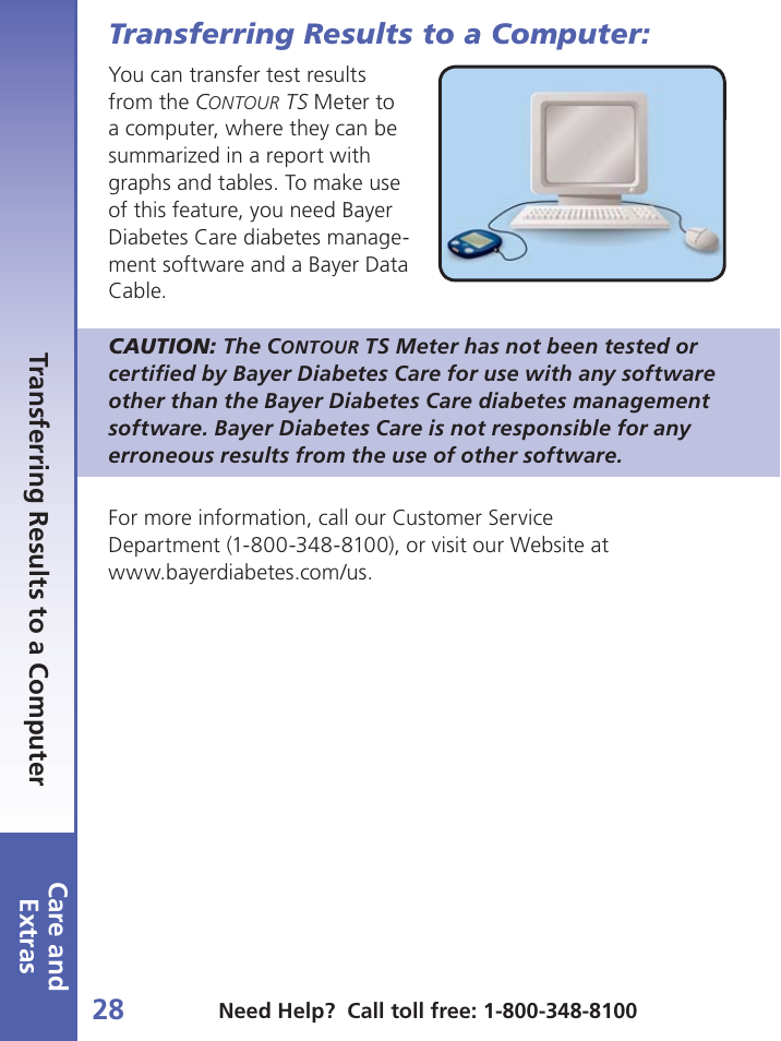 Transferring results to a computer, Car e and extras, Tr ansferring results to a computer | Bayer Contour-TS User Manual | Page 30 / 35