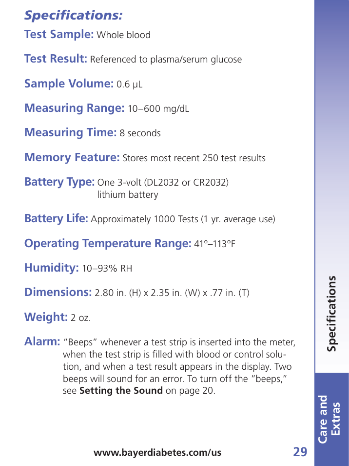Specifi cations | Bayer Contour-TS User Manual | Page 31 / 35
