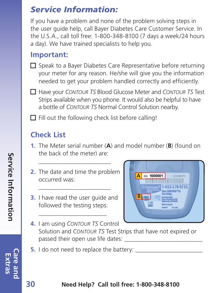 Service information, Car e and extras, Important | Check list | Bayer Contour-TS User Manual | Page 32 / 35