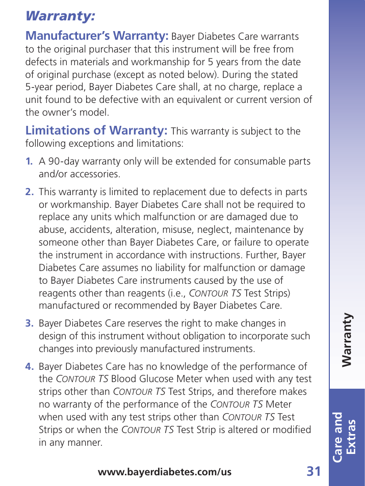 Warranty, Car e and extras, Manufacturer’s warranty | Limitations of warranty, Wa rranty | Bayer Contour-TS User Manual | Page 33 / 35