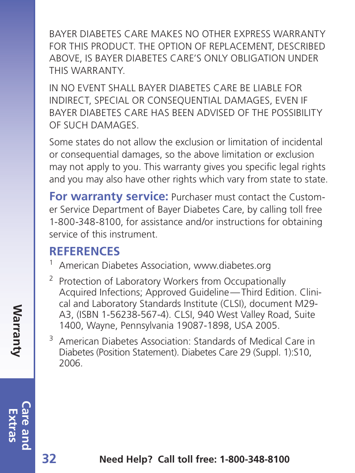 Car e and extras, For warranty service, References | W a rranty | Bayer Contour-TS User Manual | Page 34 / 35