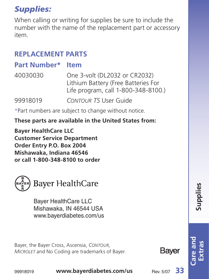 Supplies, Car e and extras, Replacement parts part number* item | Bayer Contour-TS User Manual | Page 35 / 35