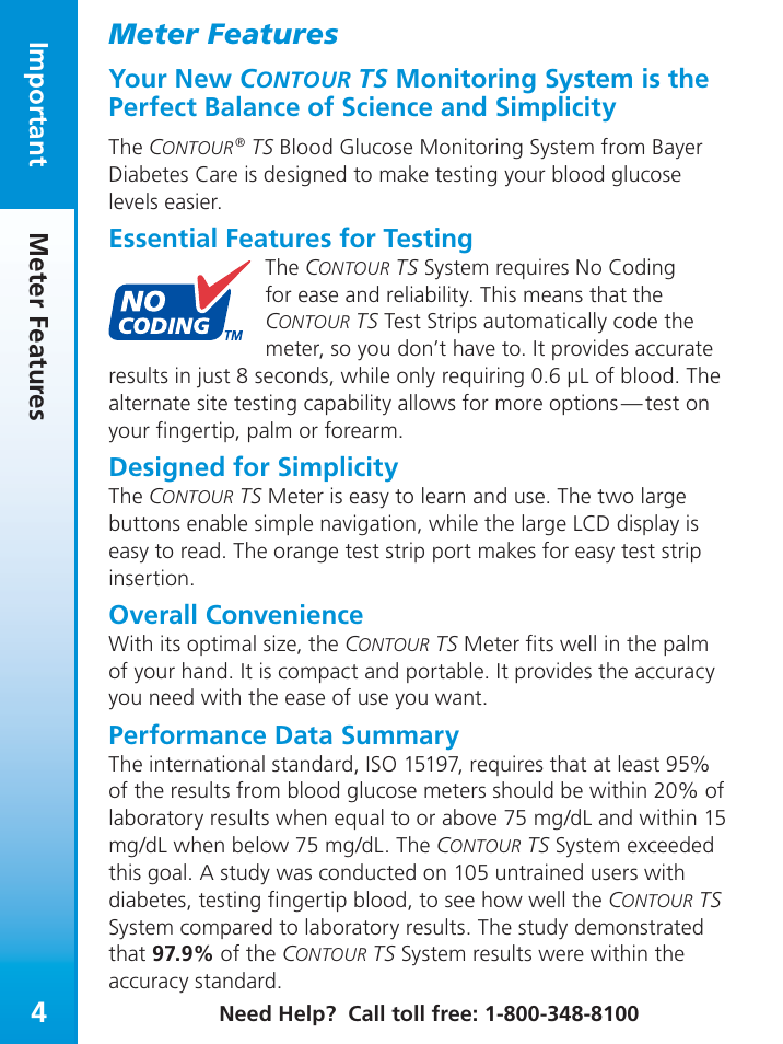 Meter features, Important meter featur es, Your new c | Essential features for testing, Designed for simplicity, Overall convenience, Performance data summary | Bayer Contour-TS User Manual | Page 6 / 35