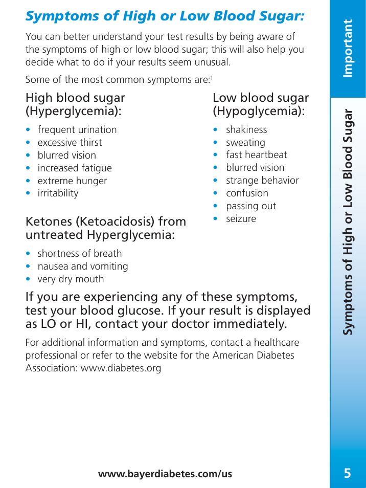 Symptoms of high or low blood sugar, Important, High blood sugar (hyperglycemia) | Bayer Contour-TS User Manual | Page 7 / 35