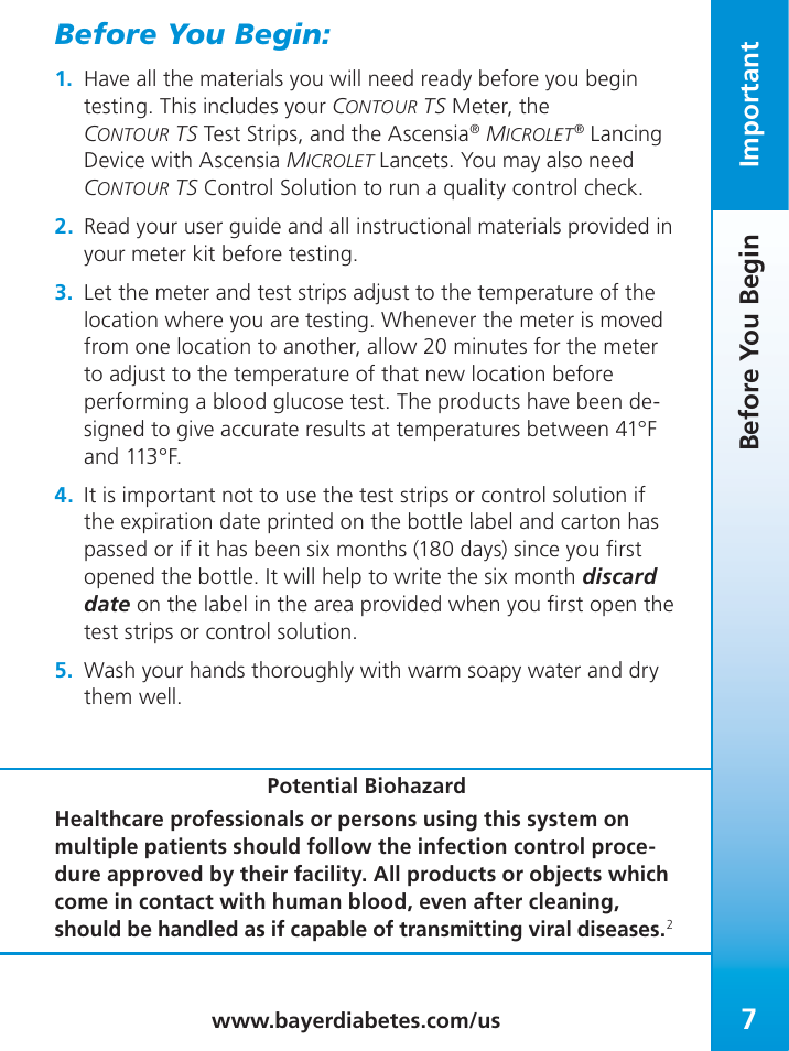 Before you begin, Important, Befor e y ou begin | Bayer Contour-TS User Manual | Page 9 / 35