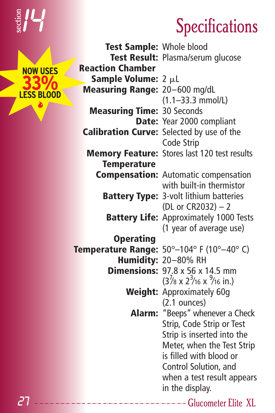 Specifications, Glucometer elite | Bayer HealthCare Elite XL User Manual | Page 31 / 70