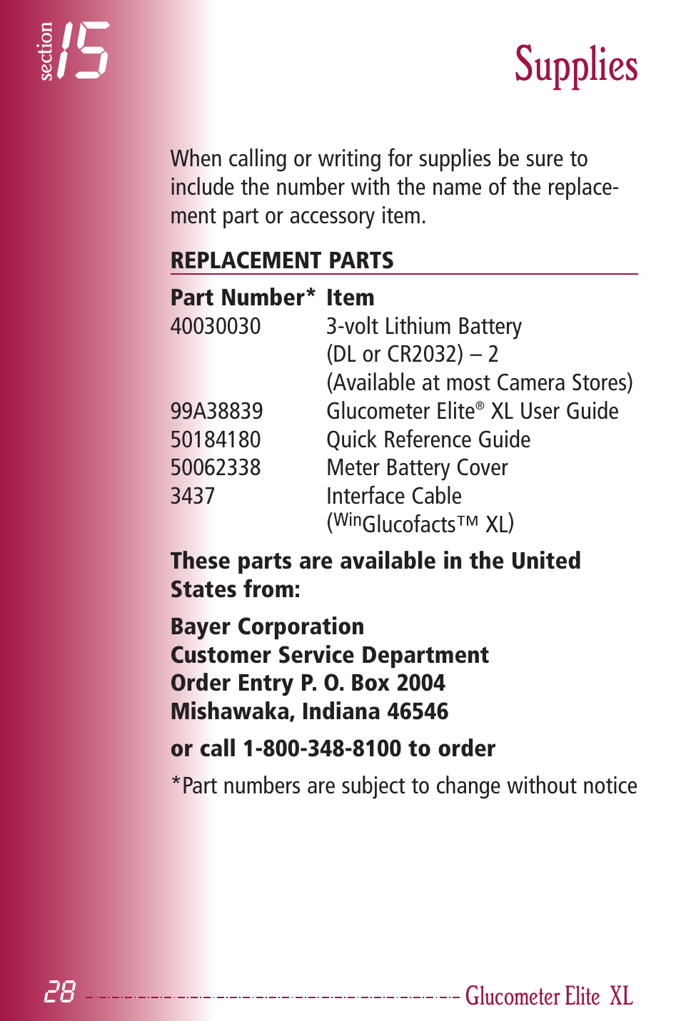 Supplies | Bayer HealthCare Elite XL User Manual | Page 32 / 70