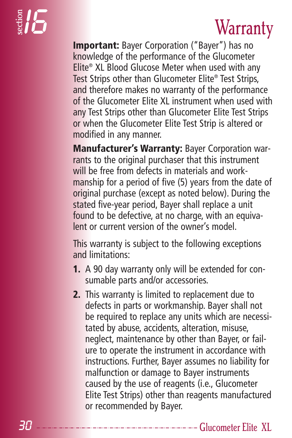 Warranty | Bayer HealthCare Elite XL User Manual | Page 34 / 70