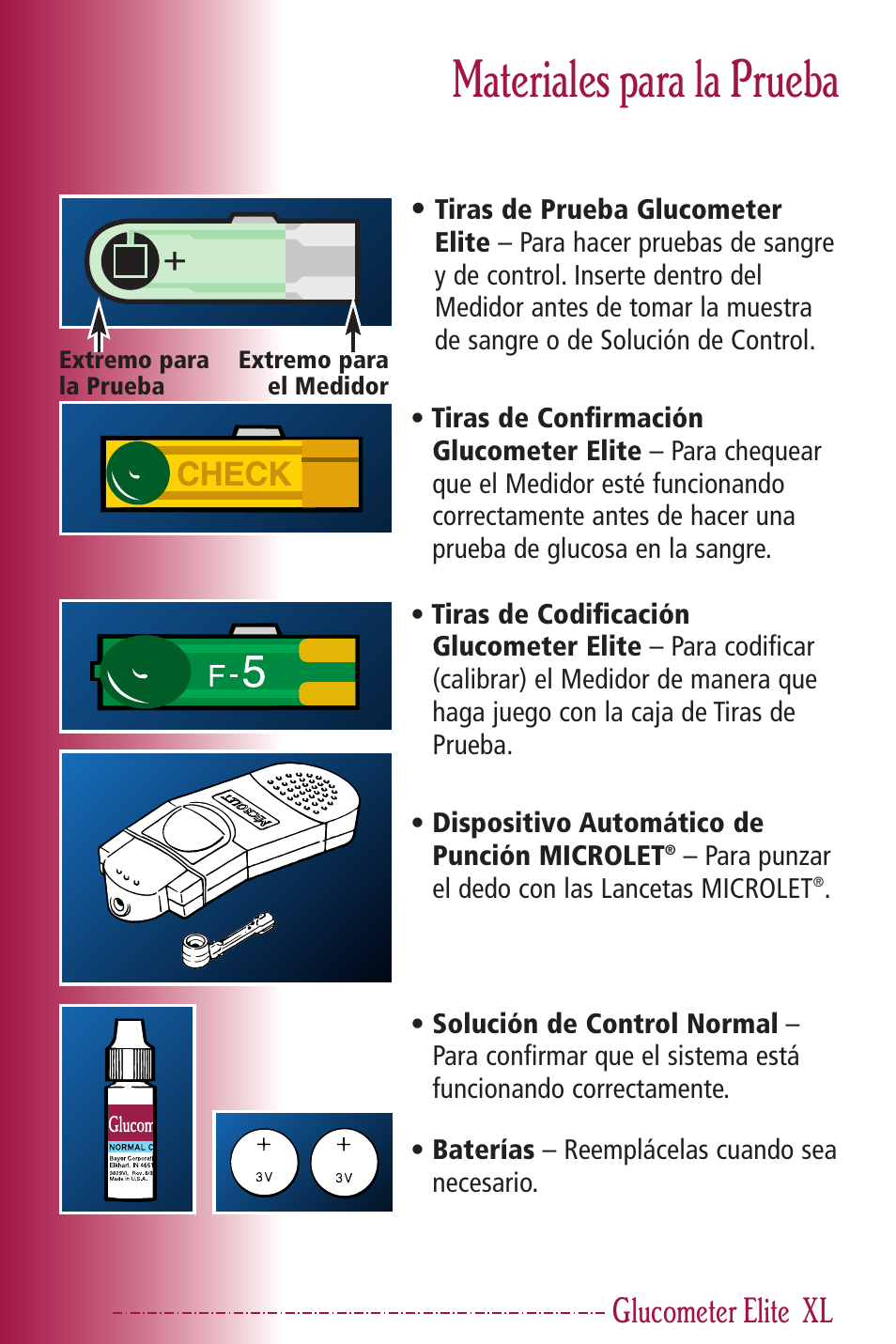 Materiales para la prueba, Glucometer elite | Bayer HealthCare Elite XL User Manual | Page 39 / 70