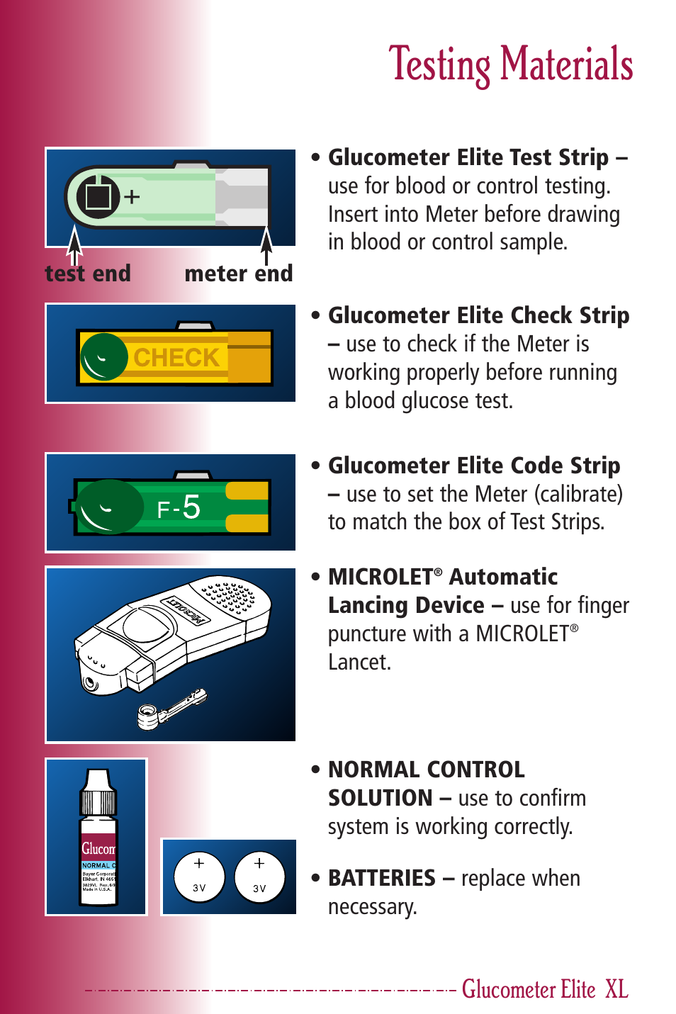 Testing materials, Glucometer elite | Bayer HealthCare Elite XL User Manual | Page 4 / 70