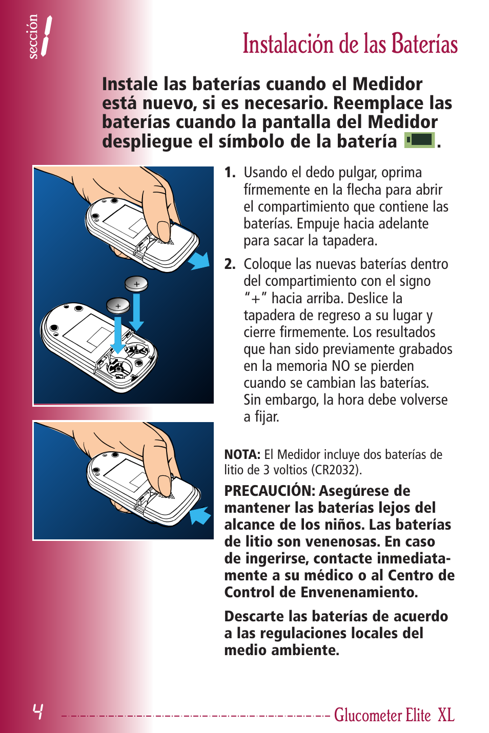 Instalación de las baterías | Bayer HealthCare Elite XL User Manual | Page 43 / 70