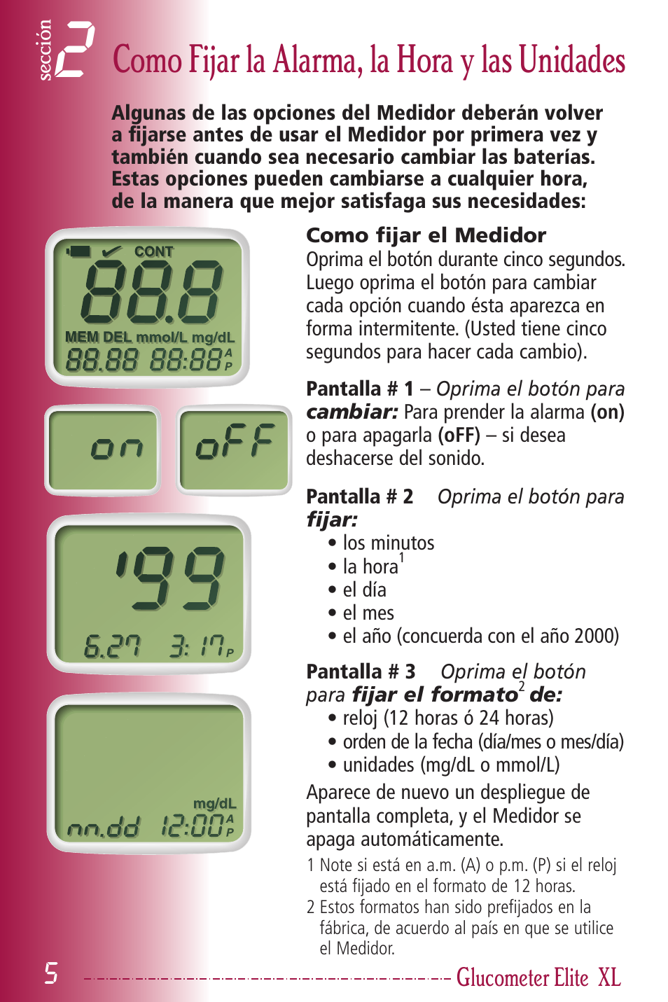 Como fijar la alarma, la hora y las unidades | Bayer HealthCare Elite XL User Manual | Page 44 / 70