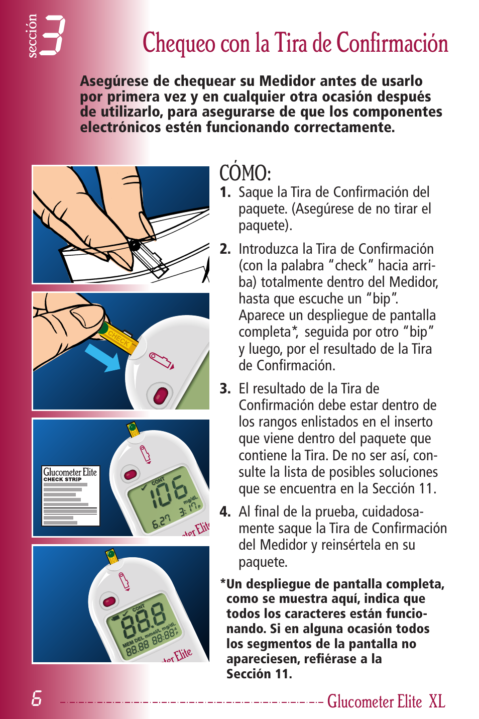 Chequeo con la tira de confirmación, Cómo | Bayer HealthCare Elite XL User Manual | Page 45 / 70