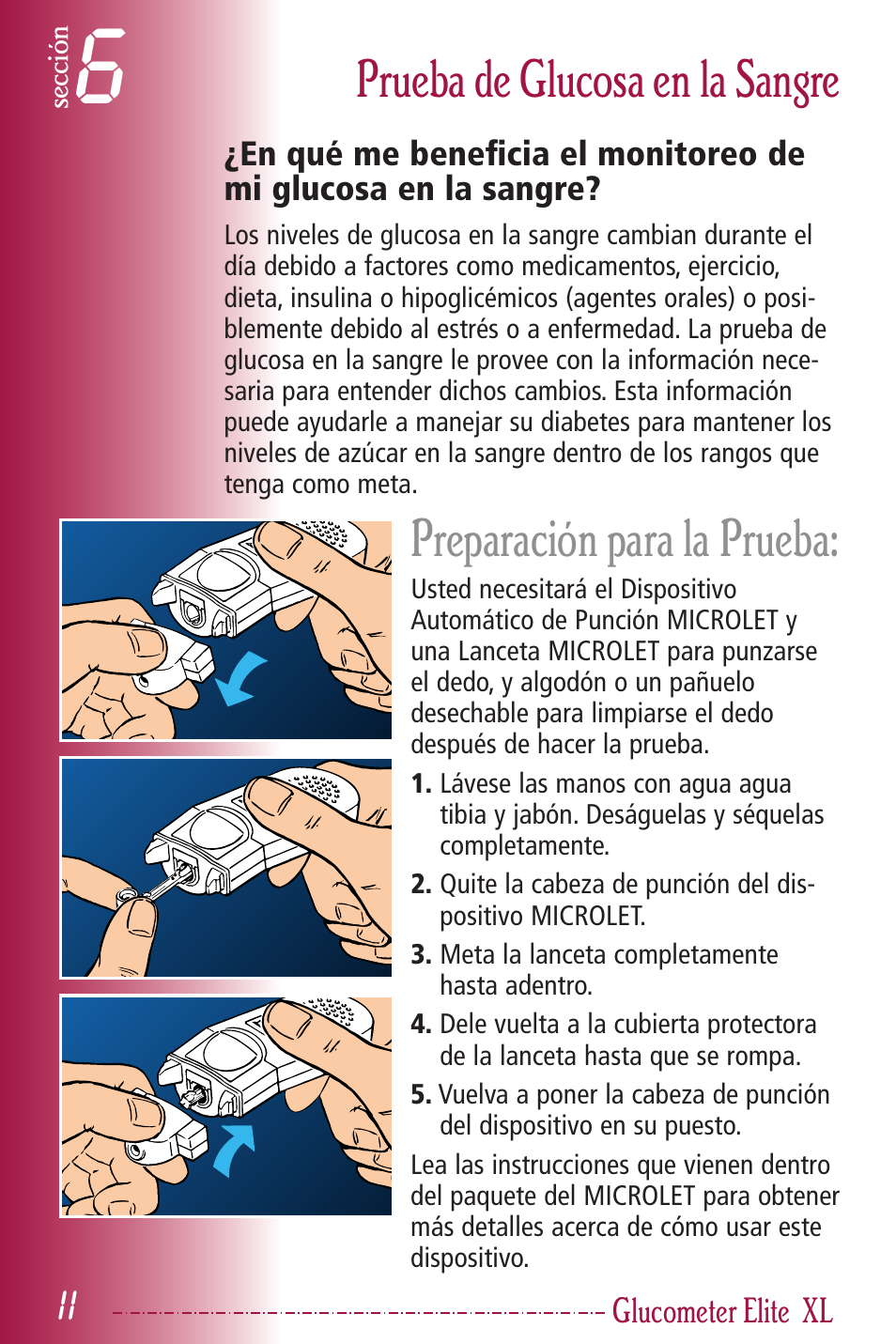 Prueba de glucosa en la sangre, Preparación para la prueba | Bayer HealthCare Elite XL User Manual | Page 50 / 70