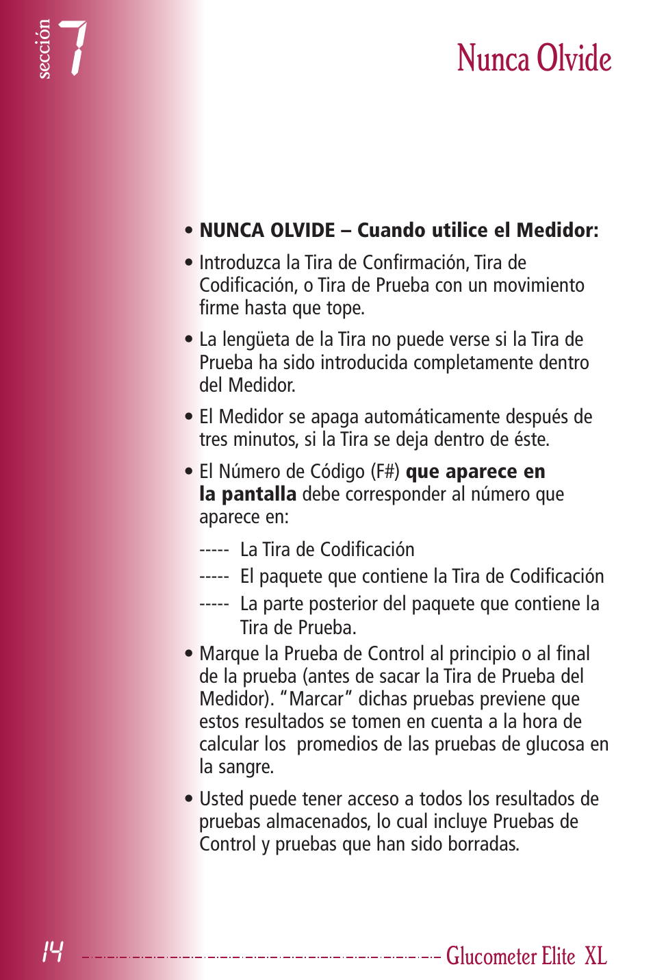 Nunca olvide | Bayer HealthCare Elite XL User Manual | Page 53 / 70