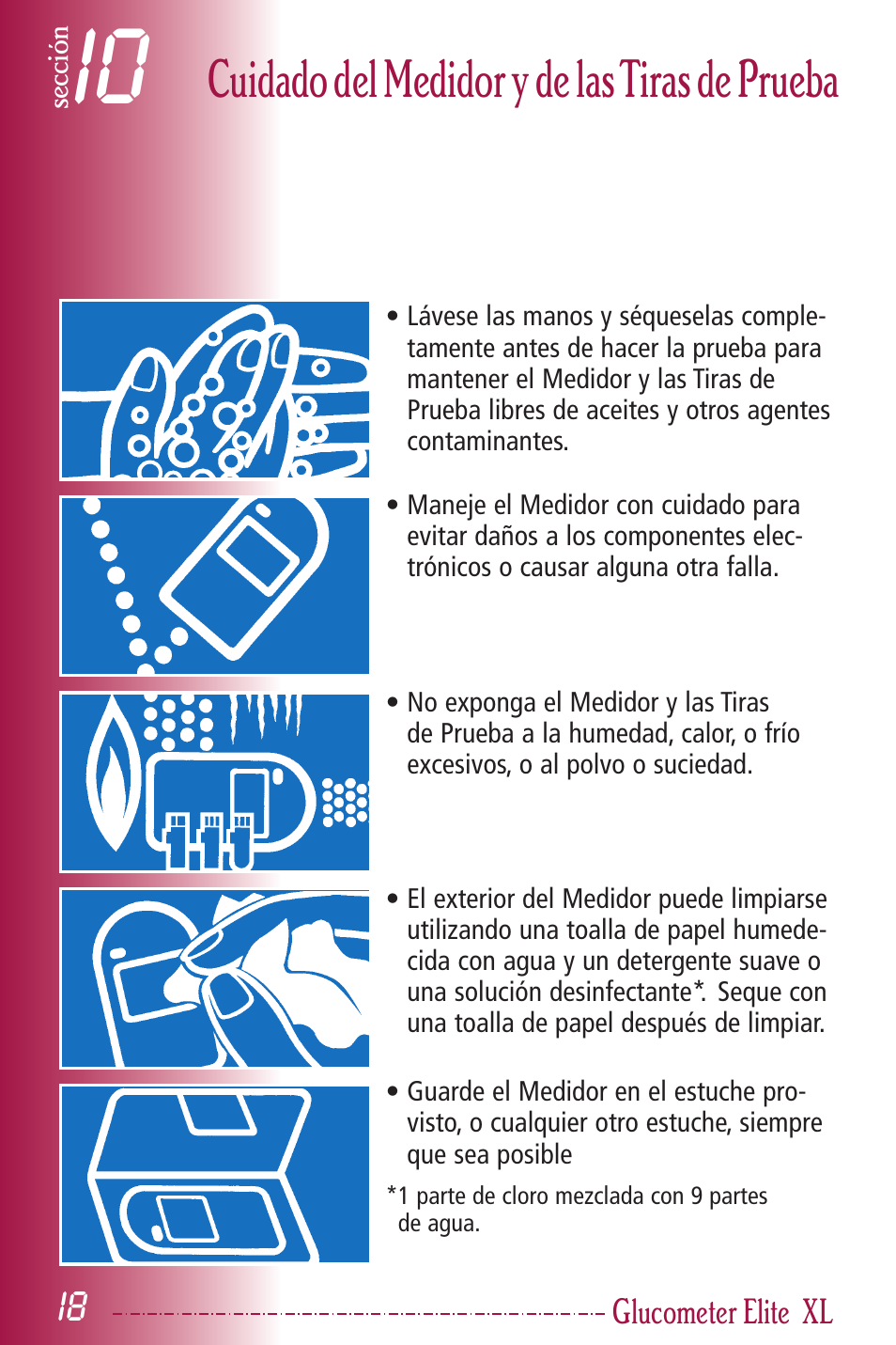 Cuidado del medidor y de lastiras de prueba | Bayer HealthCare Elite XL User Manual | Page 57 / 70