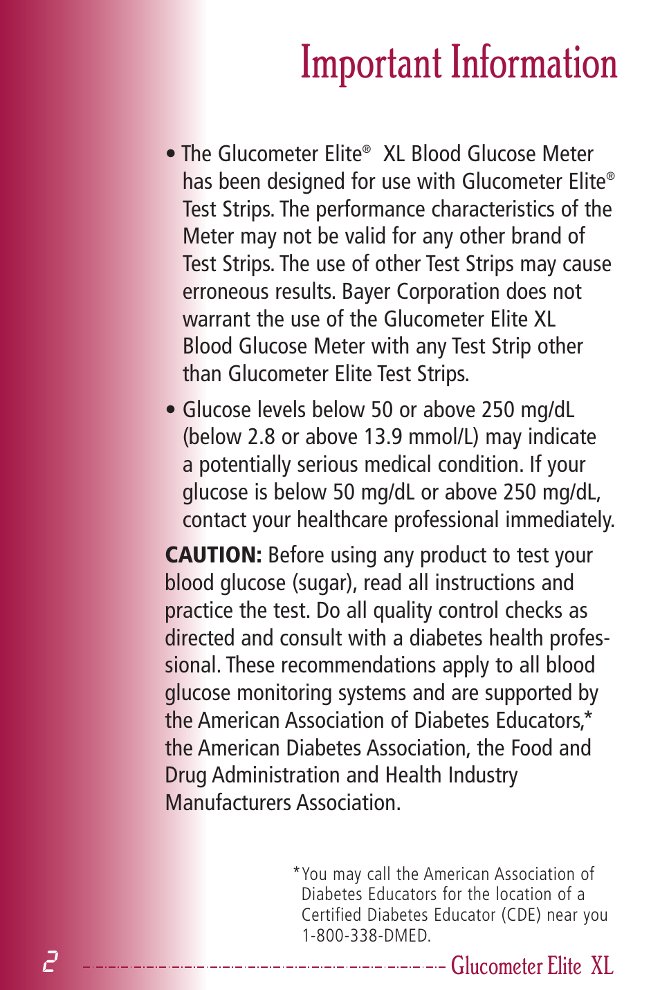 Important information, Glucometer elite | Bayer HealthCare Elite XL User Manual | Page 6 / 70